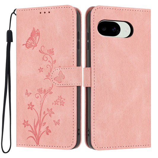 Google Pixel 10a Handyhülle – Brieftaschenetui mit Schmetterlings-Blumenaufdruck, PU-Leder, mit Handschlaufe