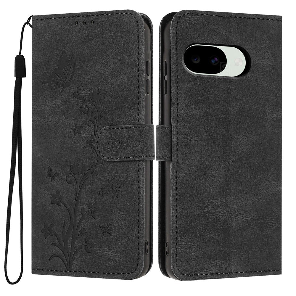 For Google Pixel 10a Wallet Case Butterfly Flower Imprint PU Leather Phone Cover with Wrist Strap
