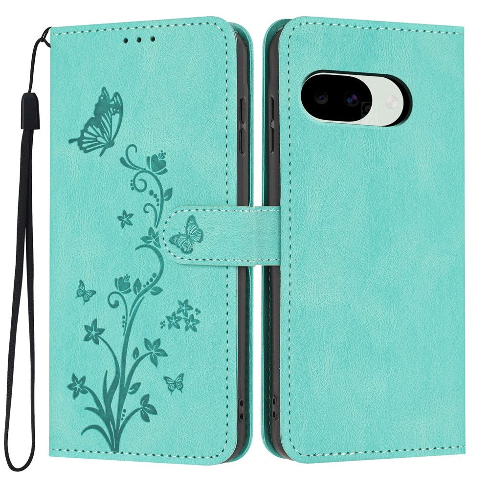 For Google Pixel 10a Wallet Case Butterfly Flower Imprint PU Leather Phone Cover with Wrist Strap