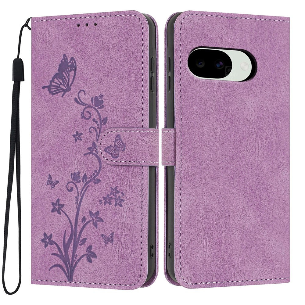 For Google Pixel 10a Wallet Case Butterfly Flower Imprint PU Leather Phone Cover with Wrist Strap