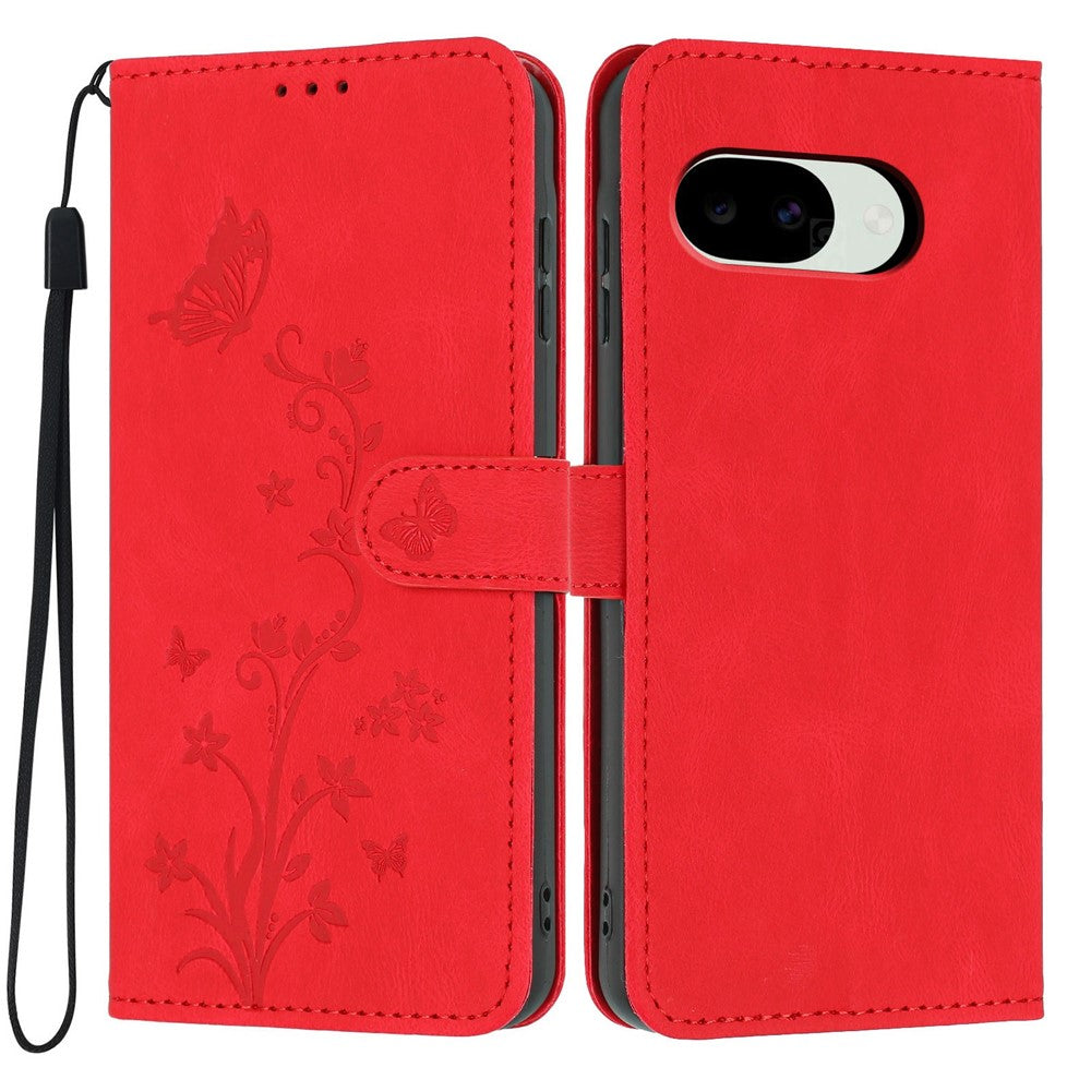 For Google Pixel 10a Wallet Case Butterfly Flower Imprint PU Leather Phone Cover with Wrist Strap