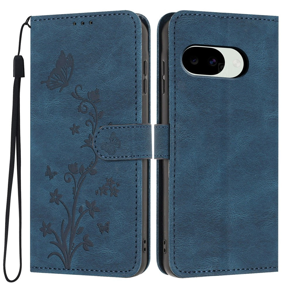 For Google Pixel 10a Wallet Case Butterfly Flower Imprint PU Leather Phone Cover with Wrist Strap