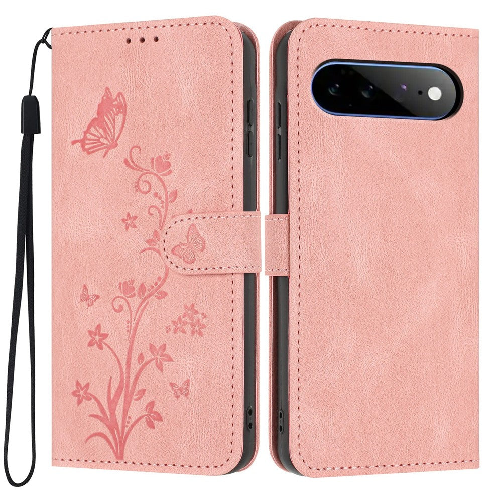 For Google Pixel 11 Pro XL Wallet Case Butterfly Flower Imprint PU Leather Phone Cover with Wrist Strap