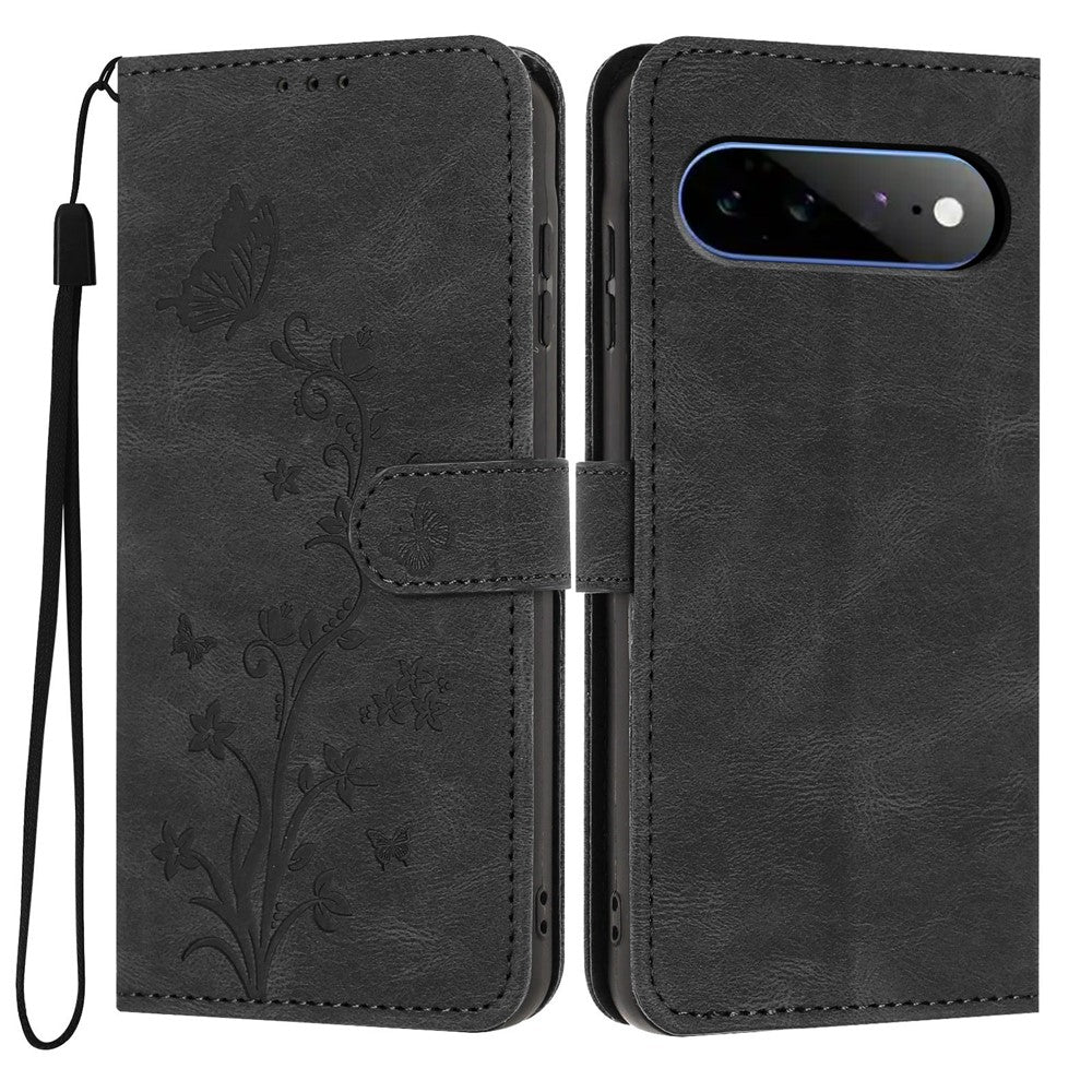 For Google Pixel 11 Pro XL Wallet Case Butterfly Flower Imprint PU Leather Phone Cover with Wrist Strap