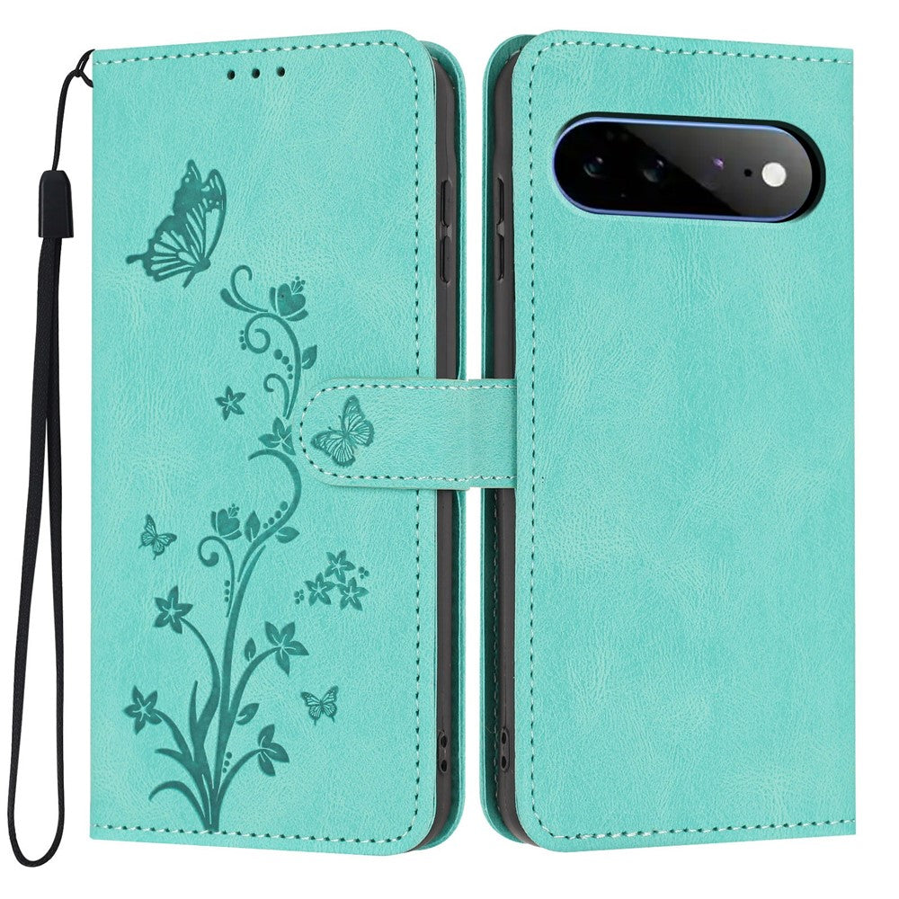 For Google Pixel 11 Pro XL Wallet Case Butterfly Flower Imprint PU Leather Phone Cover with Wrist Strap