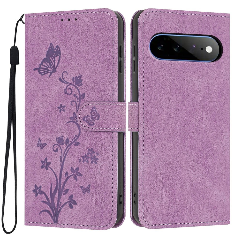 For Google Pixel 11 Pro XL Wallet Case Butterfly Flower Imprint PU Leather Phone Cover with Wrist Strap