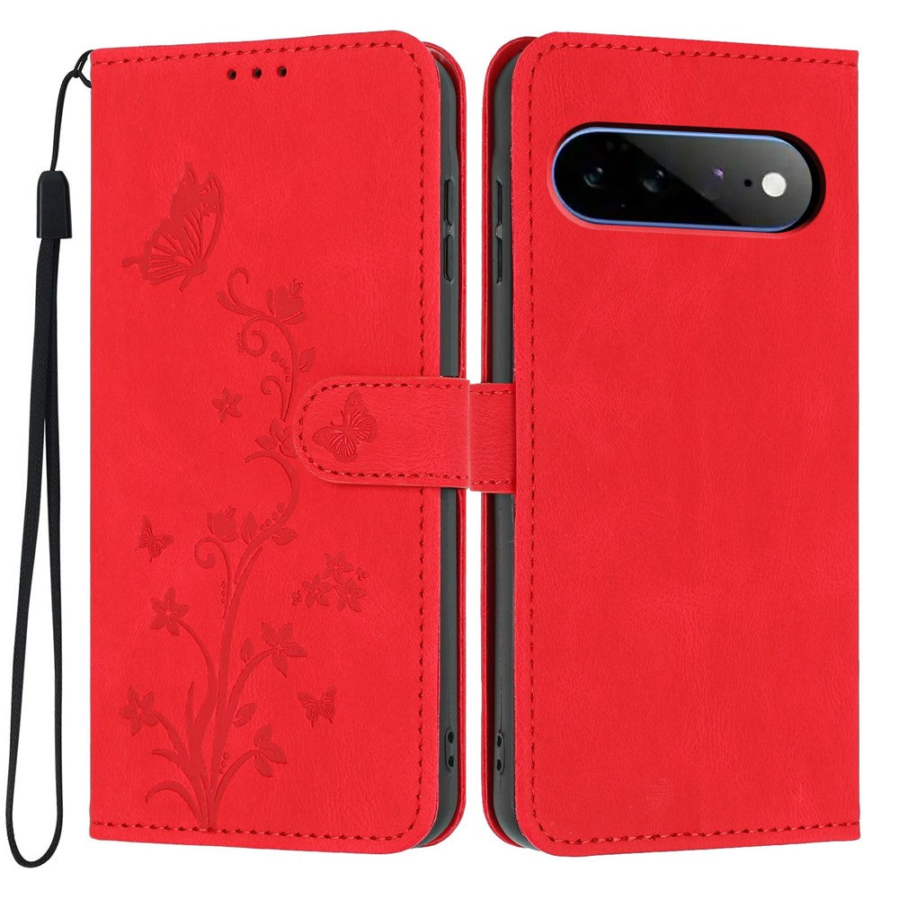 For Google Pixel 11 Pro XL Wallet Case Butterfly Flower Imprint PU Leather Phone Cover with Wrist Strap