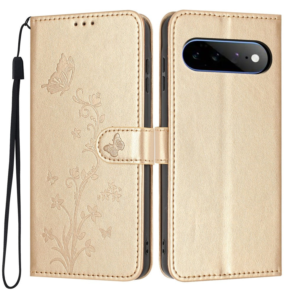 For Google Pixel 11 Pro XL Wallet Case Butterfly Flower Imprint PU Leather Phone Cover with Wrist Strap