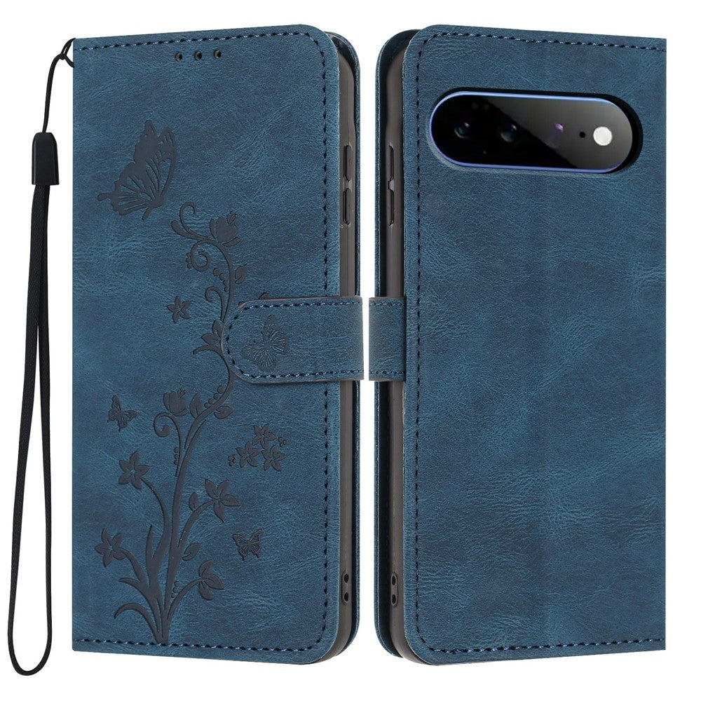For Google Pixel 11 Pro XL Wallet Case Butterfly Flower Imprint PU Leather Phone Cover with Wrist Strap
