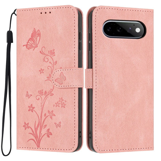 Google Pixel 11 / Google Pixel 11 Pro Wallet-Handyhülle – Pixel 11 Pro Butterfly Flower Imprint PU Leder mit Handschlaufe