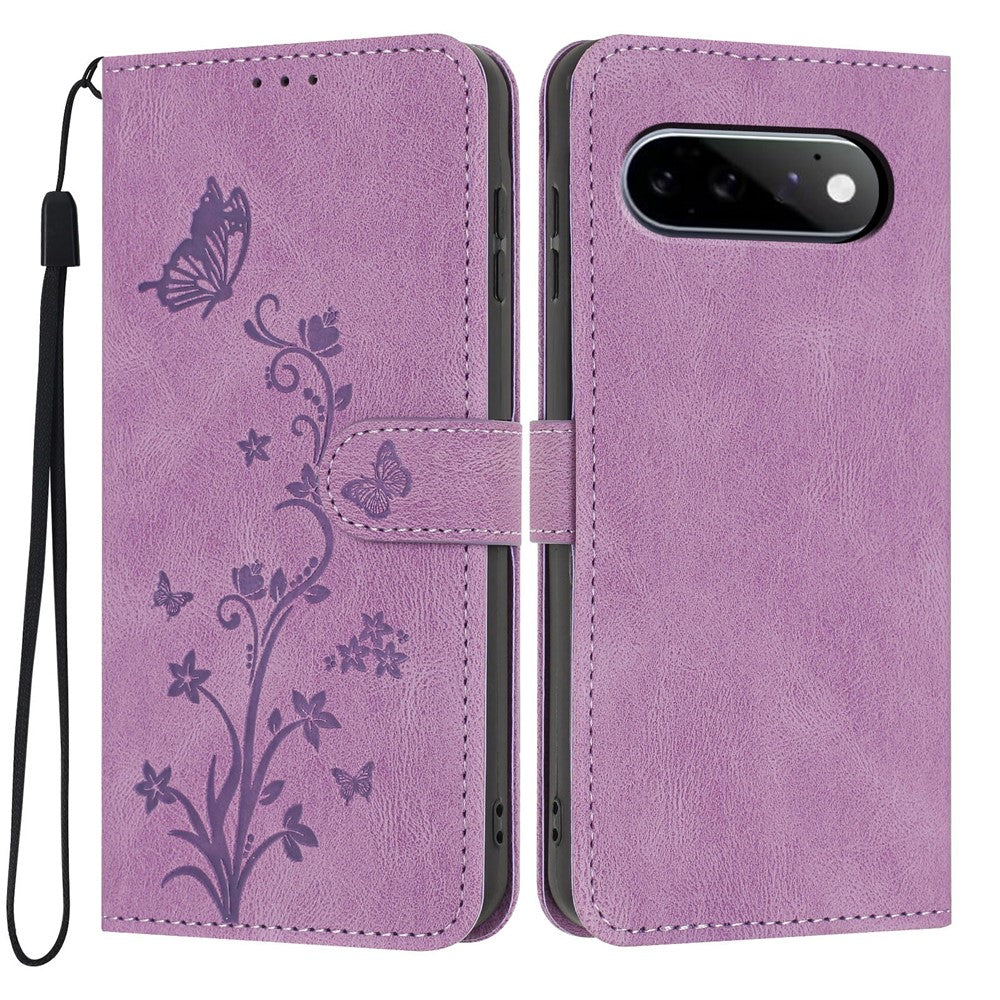 For Google Pixel 11 / Pixel 11 Pro Wallet Case Butterfly Flower Imprint PU Leather Phone Cover with Wrist Strap