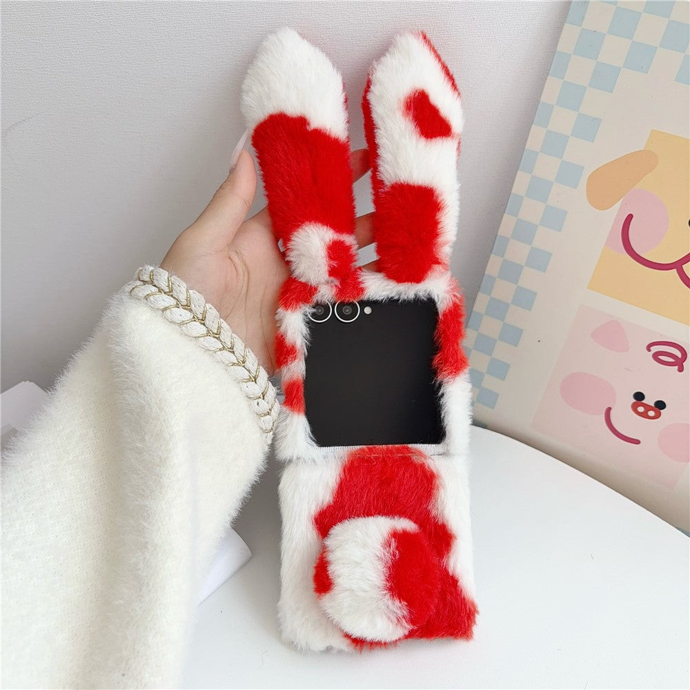 For Samsung Galaxy Z Flip8 Case Plush Rabbit Ears Cow Pattern Hard PC Fluffy Animal Phone Cover