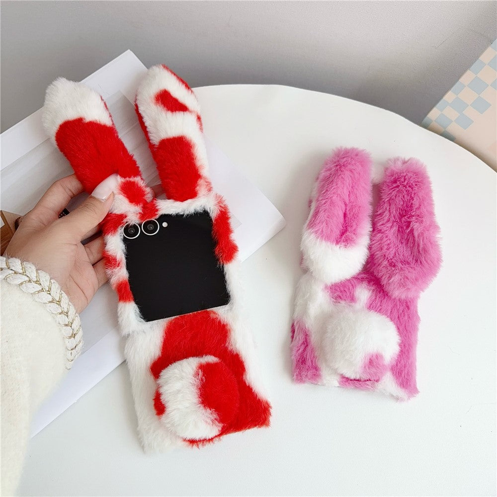 For Samsung Galaxy Z Flip8 Case Plush Rabbit Ears Cow Pattern Hard PC Fluffy Animal Phone Cover