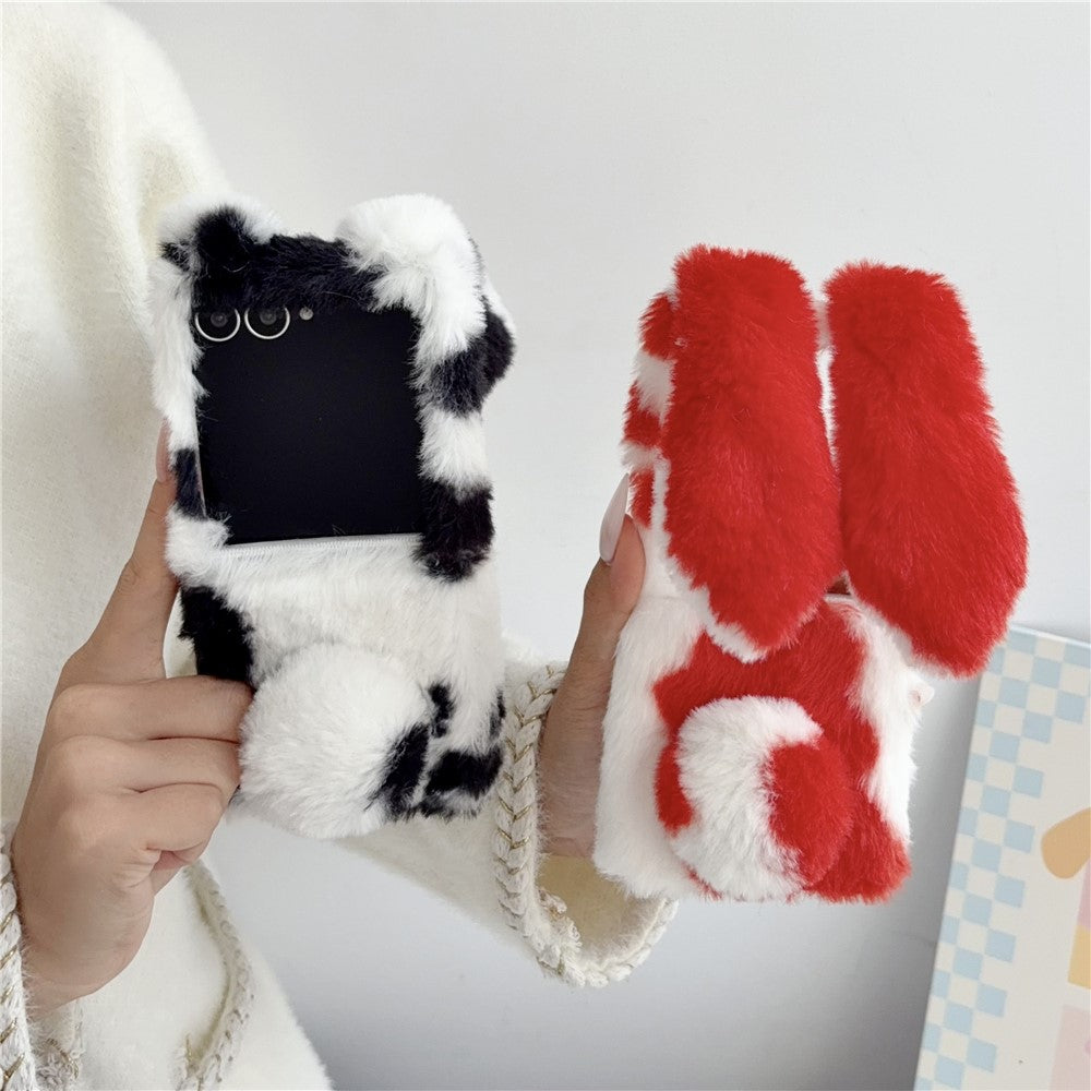 For Samsung Galaxy Z Flip8 Case Plush Rabbit Ears Cow Pattern Hard PC Fluffy Animal Phone Cover