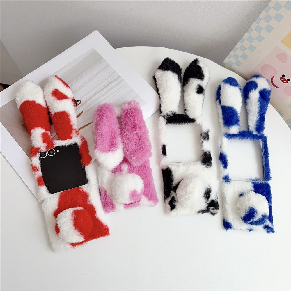 For Samsung Galaxy Z Flip8 Case Plush Rabbit Ears Cow Pattern Hard PC Fluffy Animal Phone Cover