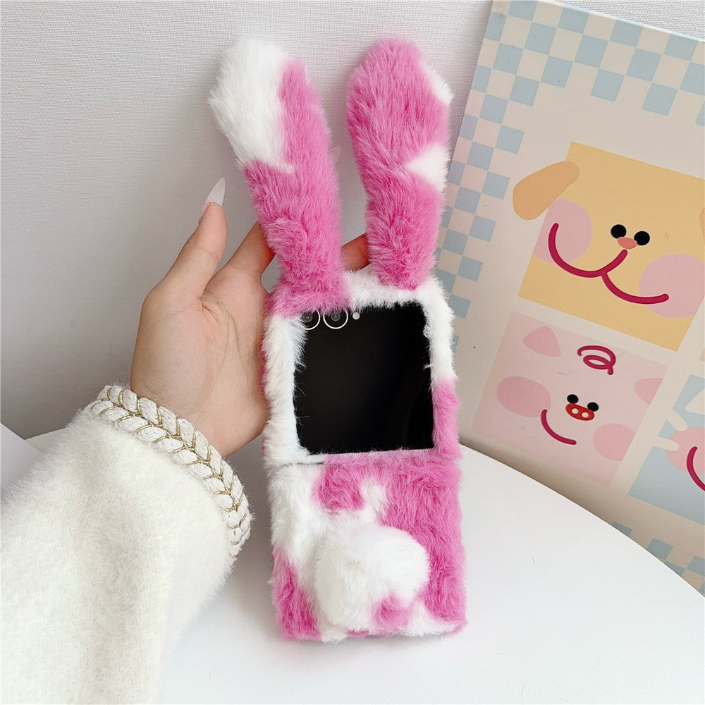 For Samsung Galaxy Z Flip8 Case Plush Rabbit Ears Cow Pattern Hard PC Fluffy Animal Phone Cover