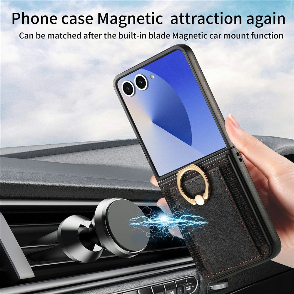 For Samsung Galaxy Z Flip8 Case Card Holder Retro Leather + PC Phone Cover with Ring Kickstand