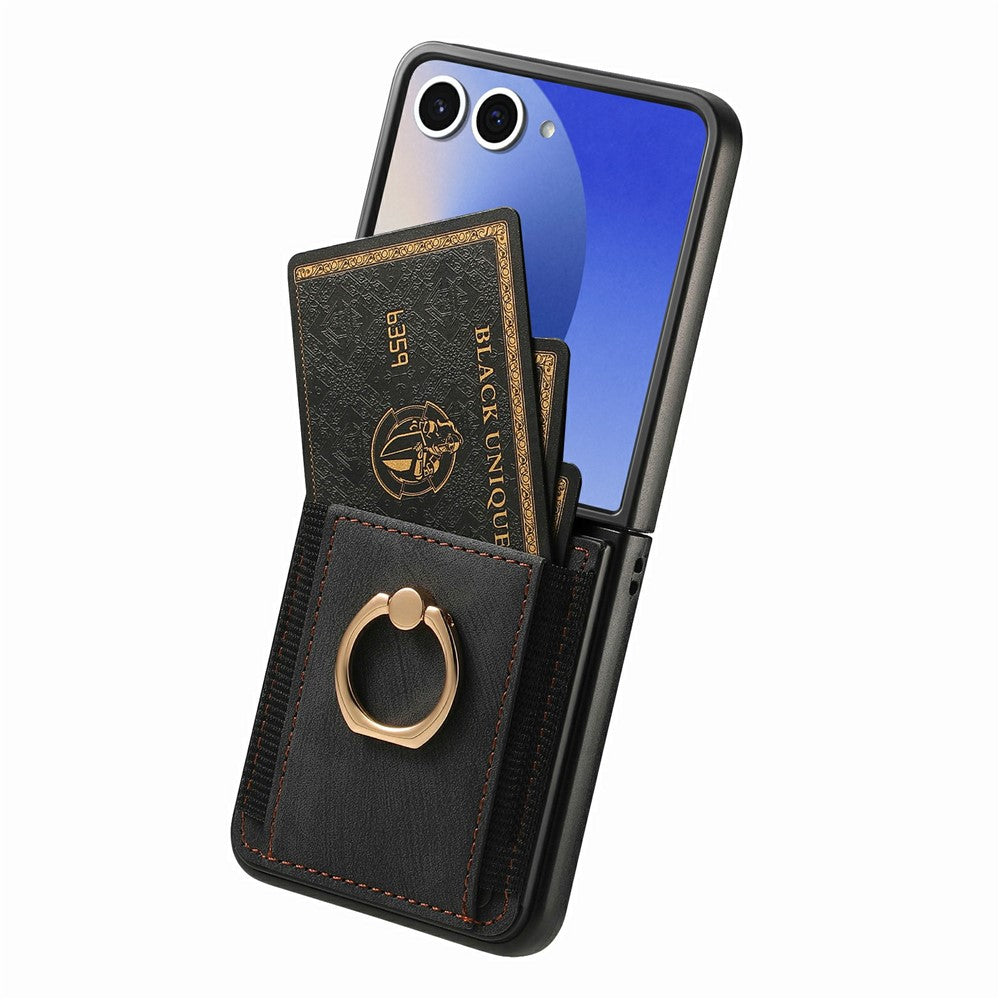 For Samsung Galaxy Z Flip8 Case Card Holder Retro Leather + PC Phone Cover with Ring Kickstand