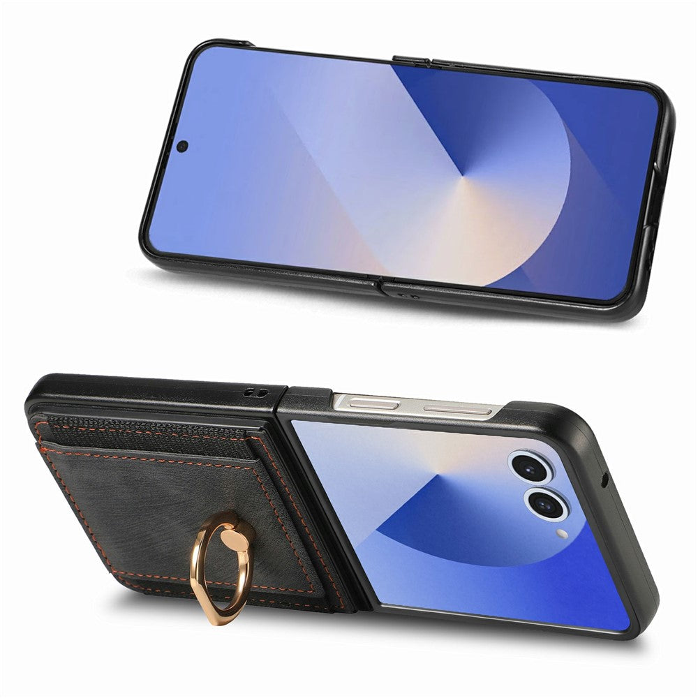 For Samsung Galaxy Z Flip8 Case Card Holder Retro Leather + PC Phone Cover with Ring Kickstand