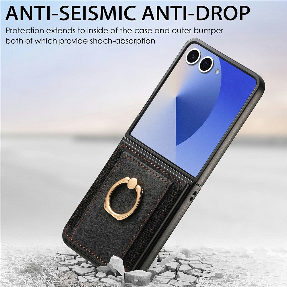 For Samsung Galaxy Z Flip8 Case Card Holder Retro Leather + PC Phone Cover with Ring Kickstand