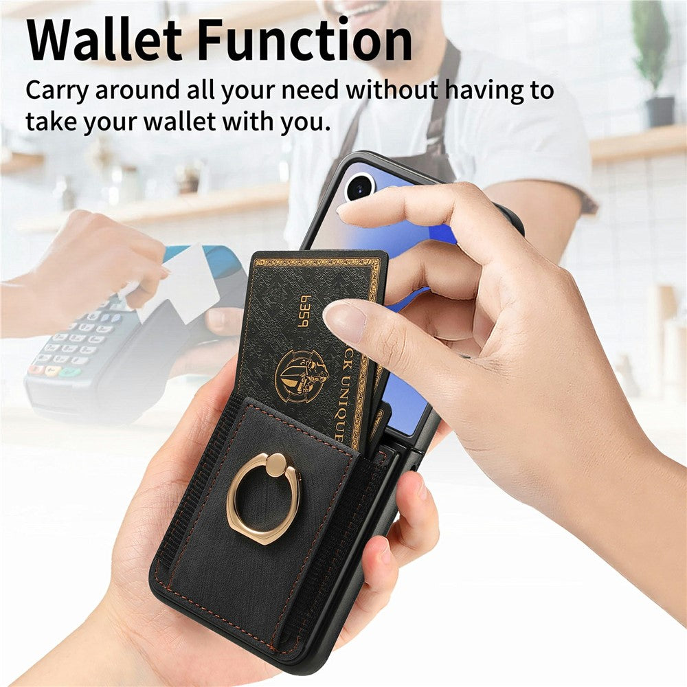 For Samsung Galaxy Z Flip8 Case Card Holder Retro Leather + PC Phone Cover with Ring Kickstand