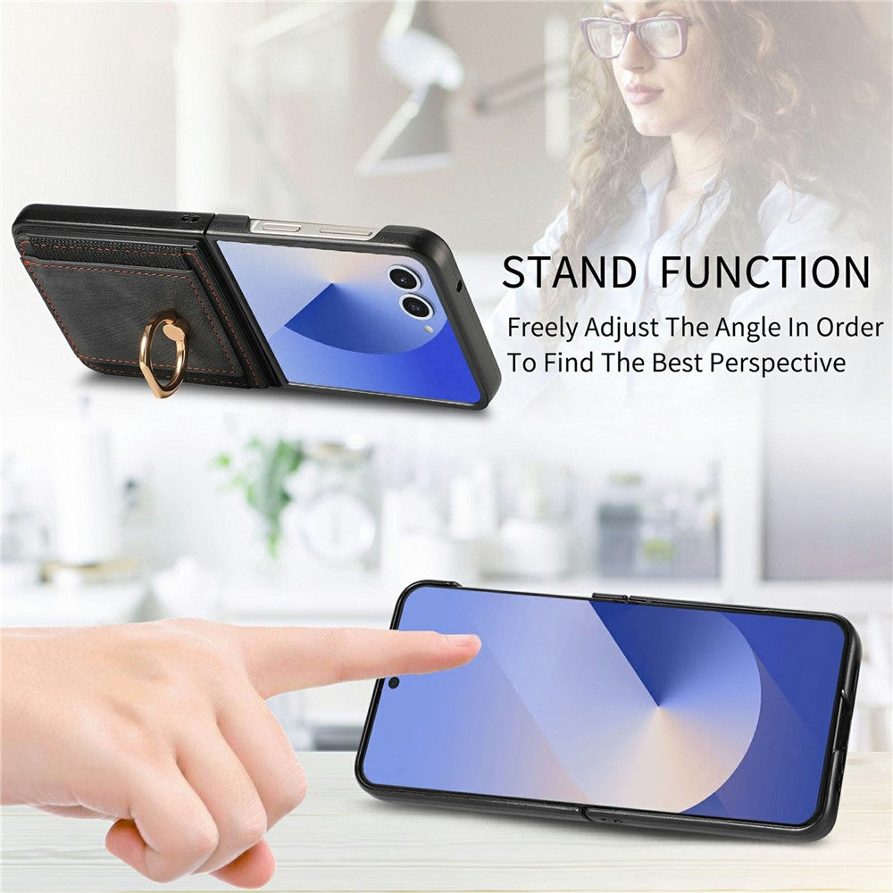For Samsung Galaxy Z Flip8 Case Card Holder Retro Leather + PC Phone Cover with Ring Kickstand