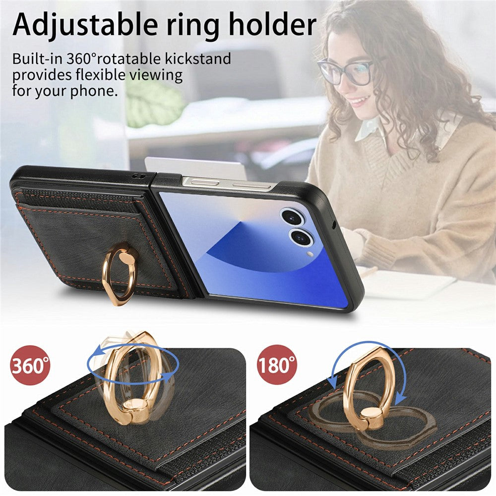 For Samsung Galaxy Z Flip8 Case Card Holder Retro Leather + PC Phone Cover with Ring Kickstand