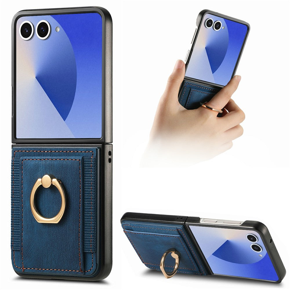 For Samsung Galaxy Z Flip8 Case Card Holder Retro Leather + PC Phone Cover with Ring Kickstand