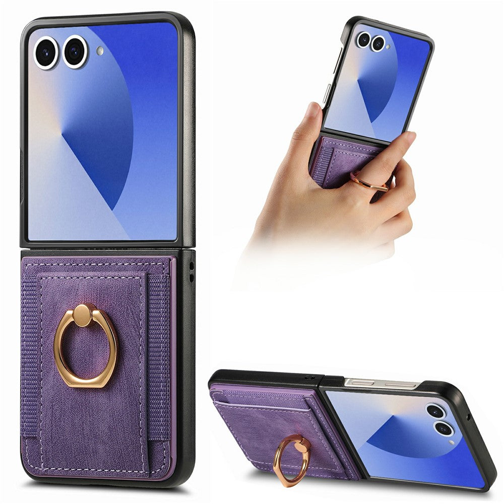 For Samsung Galaxy Z Flip8 Case Card Holder Retro Leather + PC Phone Cover with Ring Kickstand
