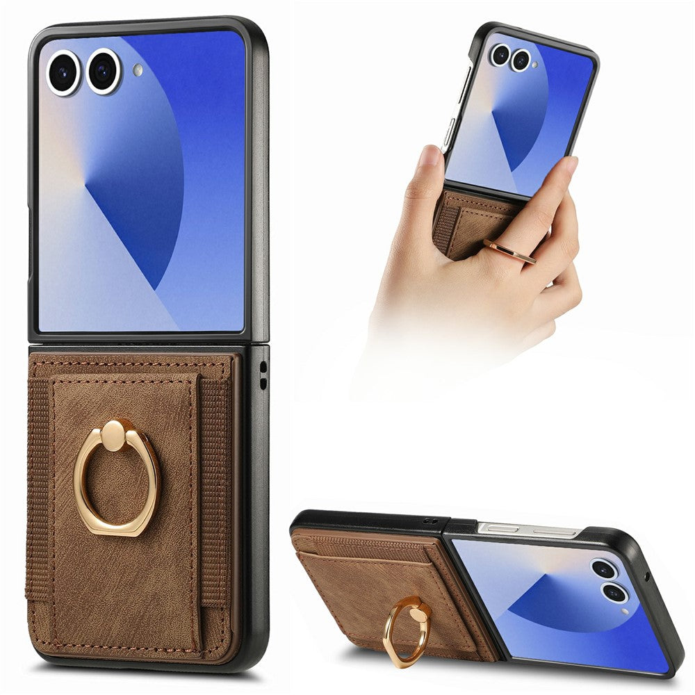 For Samsung Galaxy Z Flip8 Case Card Holder Retro Leather + PC Phone Cover with Ring Kickstand