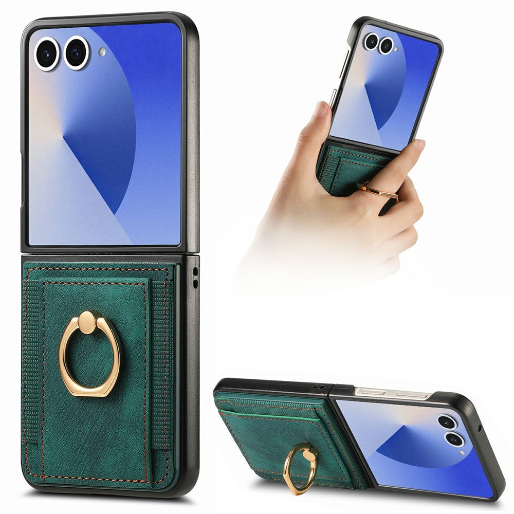 For Samsung Galaxy Z Flip8 Case Card Holder Retro Leather + PC Phone Cover with Ring Kickstand