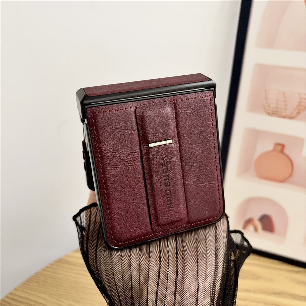 For Samsung Galaxy Z Flip8 Case with Invisible Kickstand Cowhide Texture Leather Coated PC+TPU Protective Cover