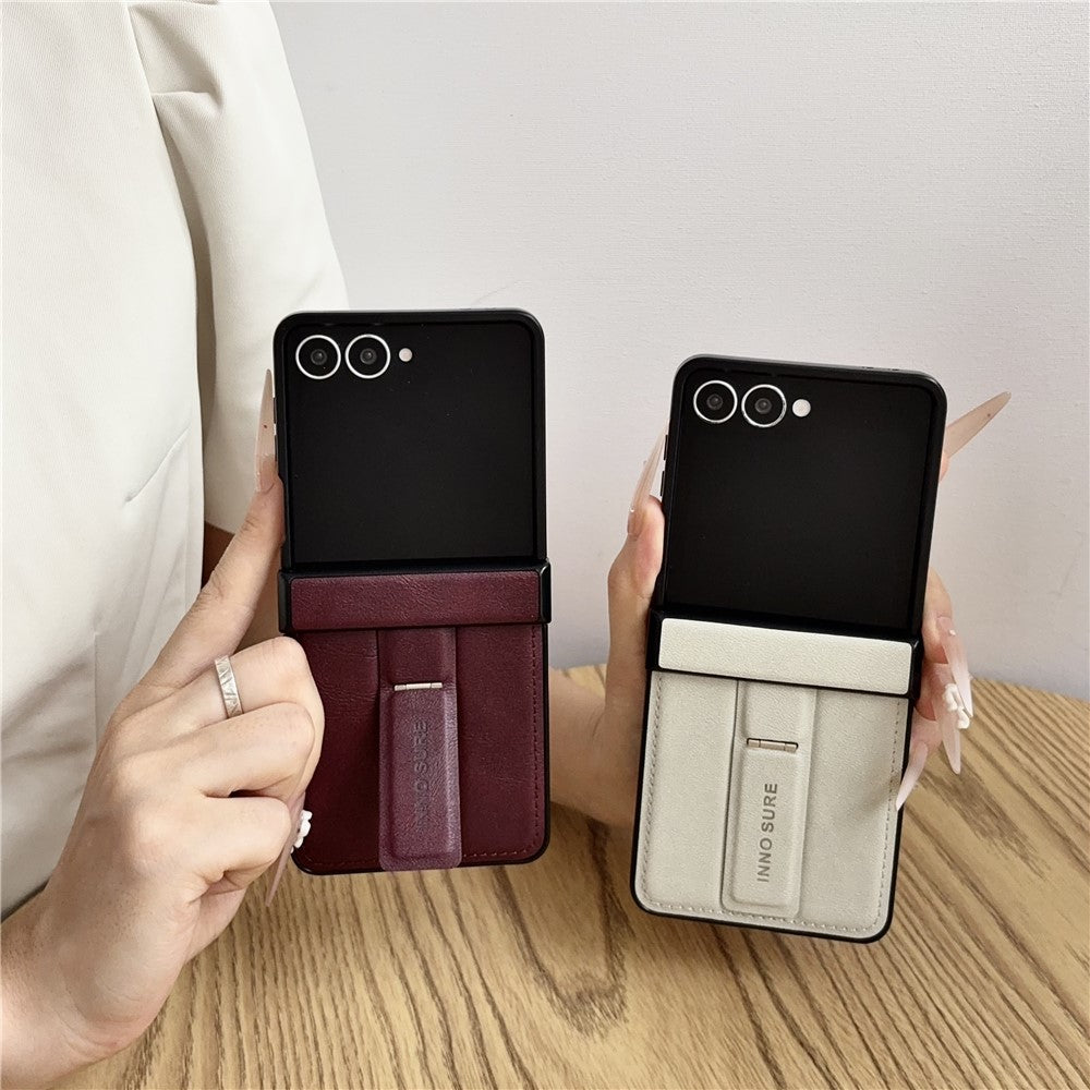 For Samsung Galaxy Z Flip8 Case with Invisible Kickstand Cowhide Texture Leather Coated PC+TPU Protective Cover