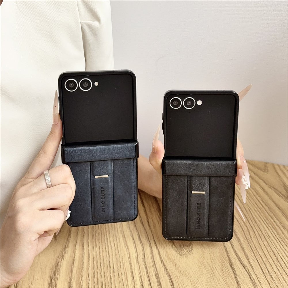For Samsung Galaxy Z Flip8 Case with Invisible Kickstand Cowhide Texture Leather Coated PC+TPU Protective Cover