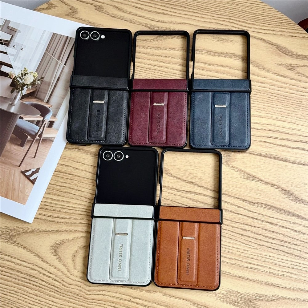 For Samsung Galaxy Z Flip8 Case with Invisible Kickstand Cowhide Texture Leather Coated PC+TPU Protective Cover