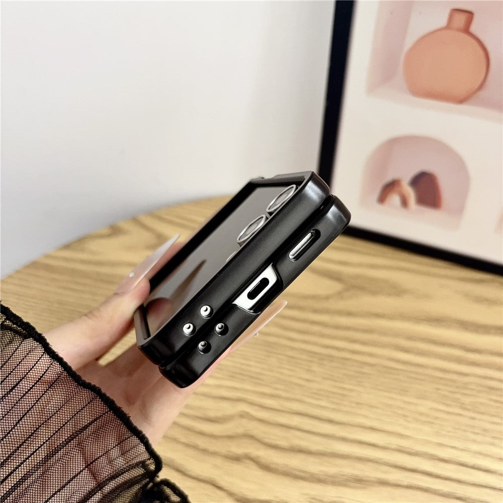 For Samsung Galaxy Z Flip8 Case with Invisible Kickstand Cowhide Texture Leather Coated PC+TPU Protective Cover