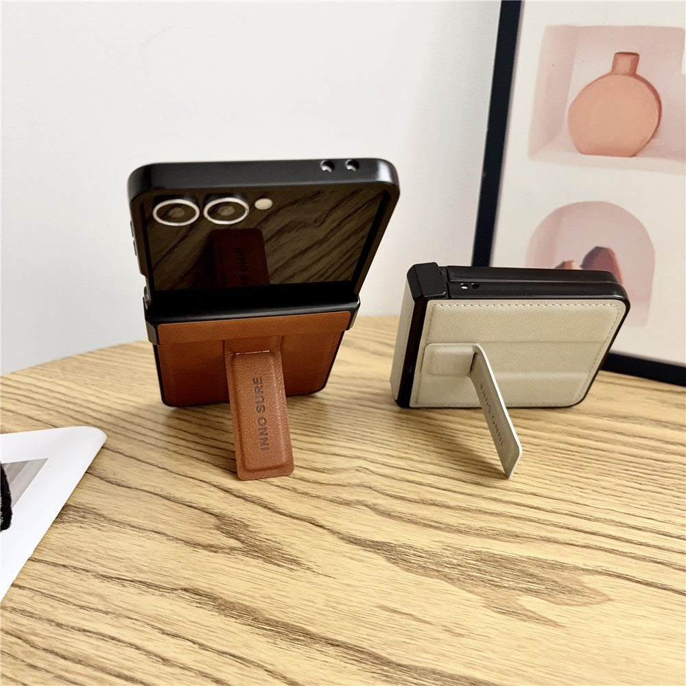For Samsung Galaxy Z Flip8 Case with Invisible Kickstand Cowhide Texture Leather Coated PC+TPU Protective Cover