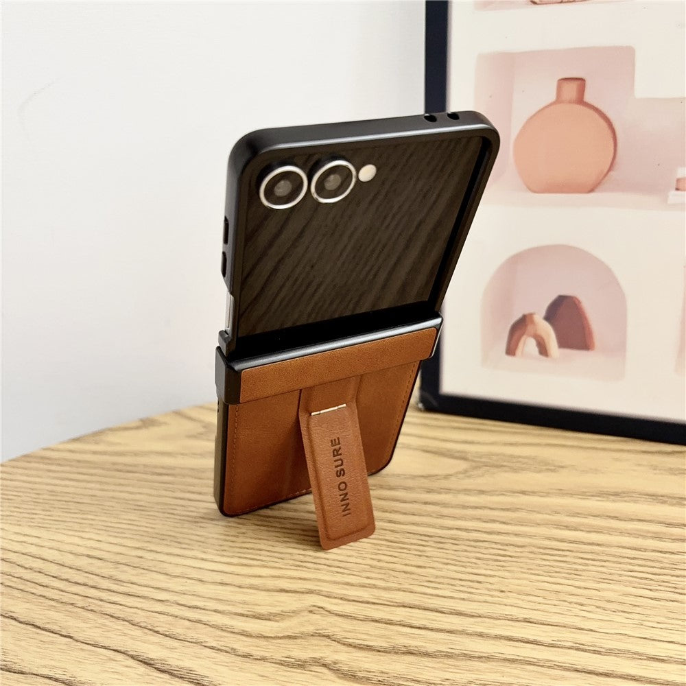 For Samsung Galaxy Z Flip8 Case with Invisible Kickstand Cowhide Texture Leather Coated PC+TPU Protective Cover