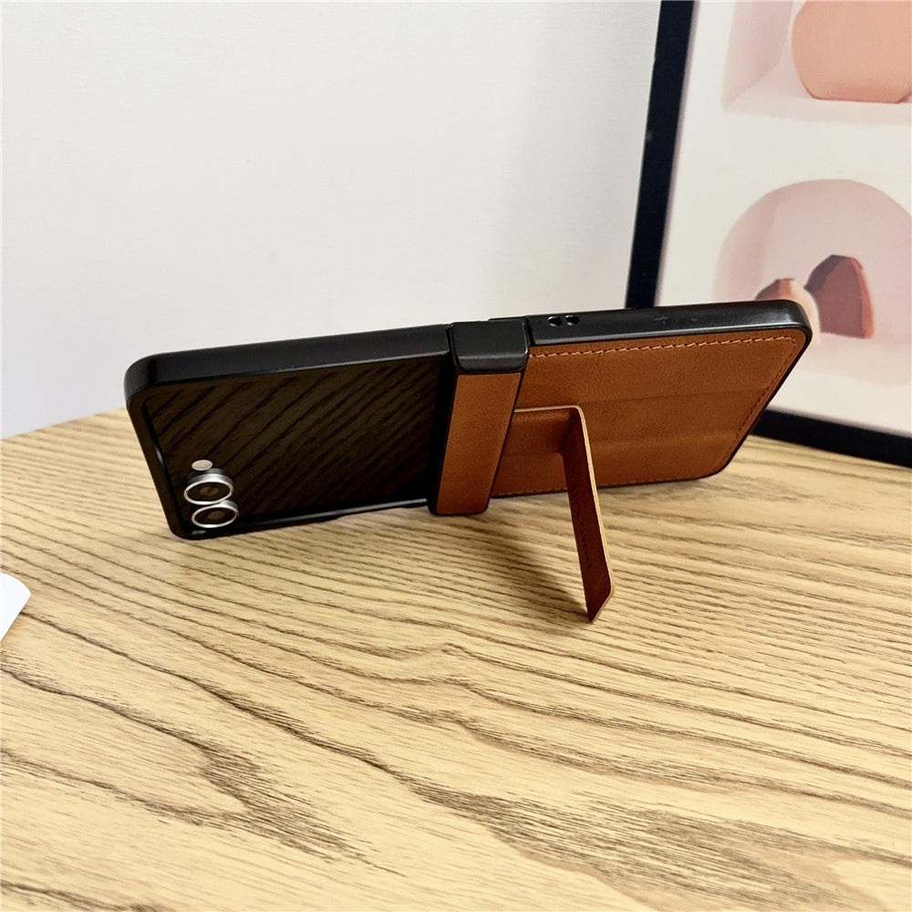 For Samsung Galaxy Z Flip8 Case with Invisible Kickstand Cowhide Texture Leather Coated PC+TPU Protective Cover