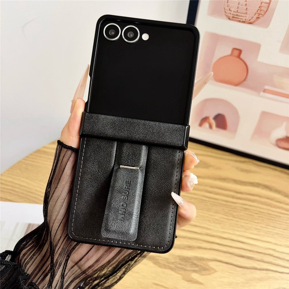 For Samsung Galaxy Z Flip8 Case with Invisible Kickstand Cowhide Texture Leather Coated PC+TPU Protective Cover