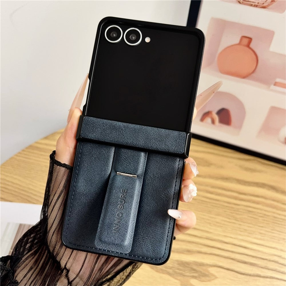 For Samsung Galaxy Z Flip8 Case with Invisible Kickstand Cowhide Texture Leather Coated PC+TPU Protective Cover
