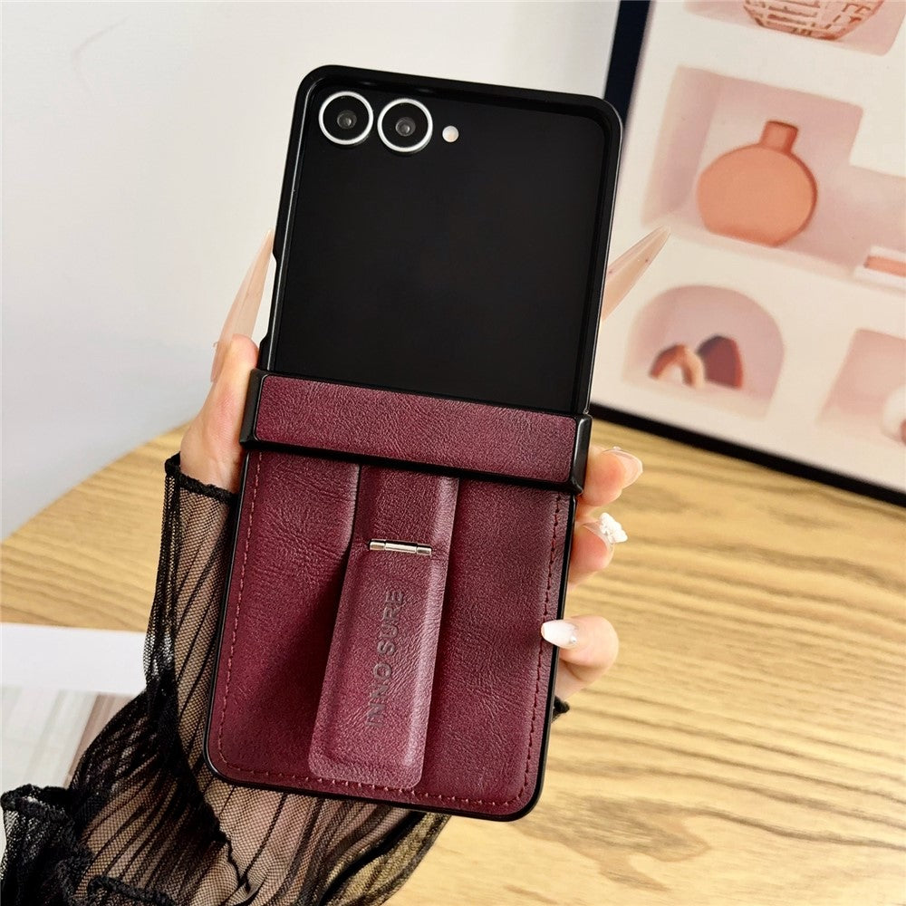 For Samsung Galaxy Z Flip8 Case with Invisible Kickstand Cowhide Texture Leather Coated PC+TPU Protective Cover
