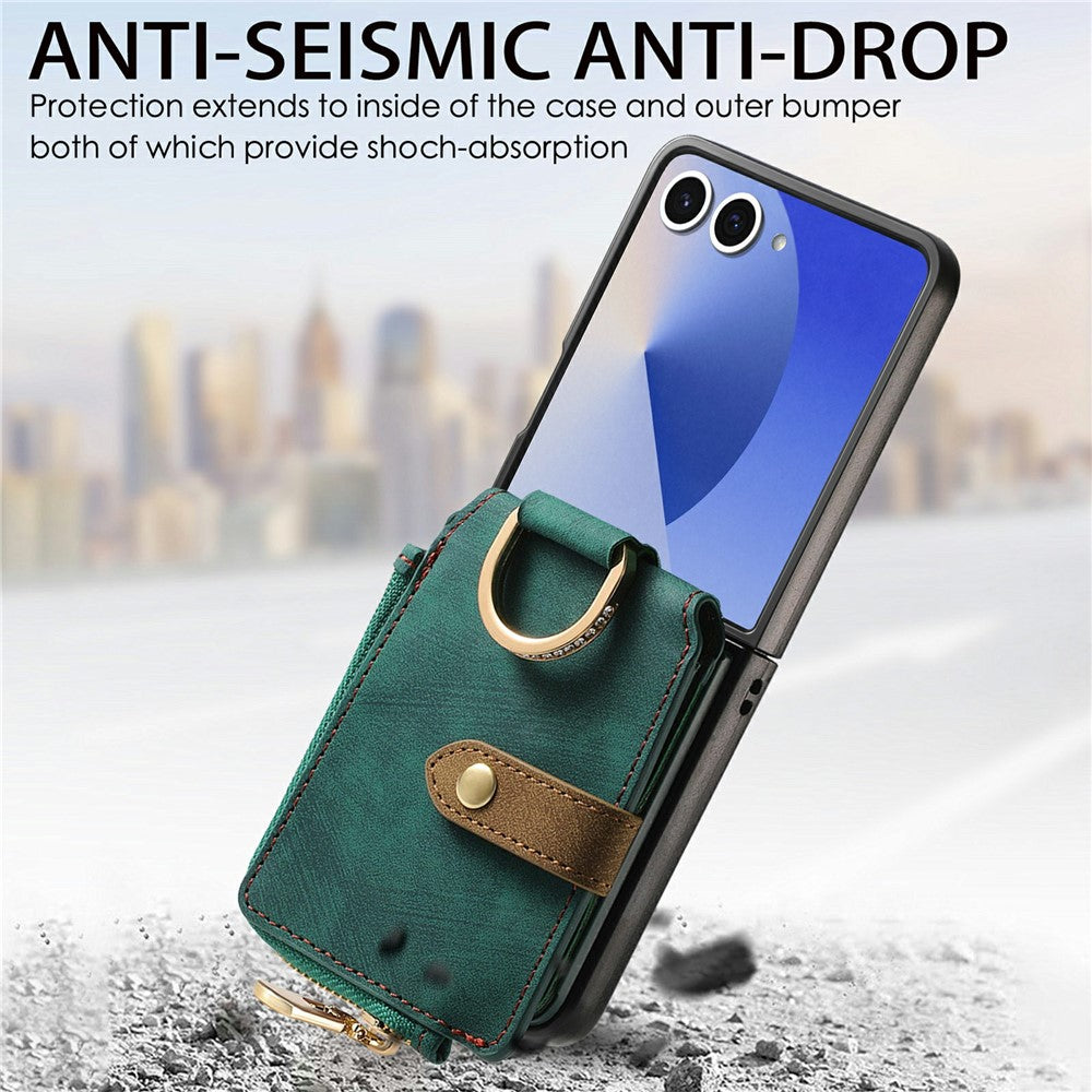 For Samsung Galaxy Z Flip8 Case Zipper Pocket Card Holder Retro Texture Leather Back Cover