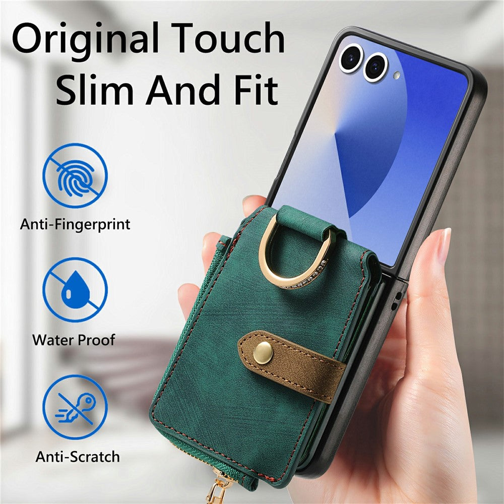 For Samsung Galaxy Z Flip8 Case Zipper Pocket Card Holder Retro Texture Leather Back Cover