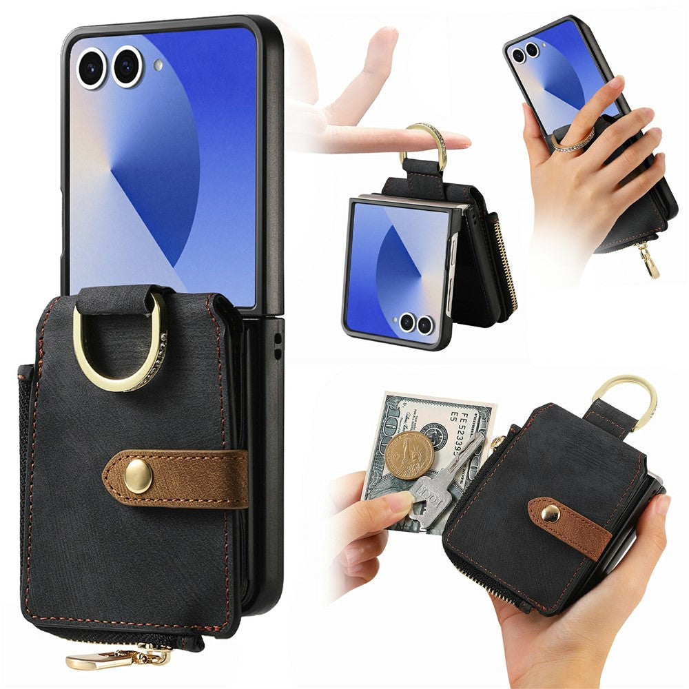 For Samsung Galaxy Z Flip8 Case Zipper Pocket Card Holder Retro Texture Leather Back Cover