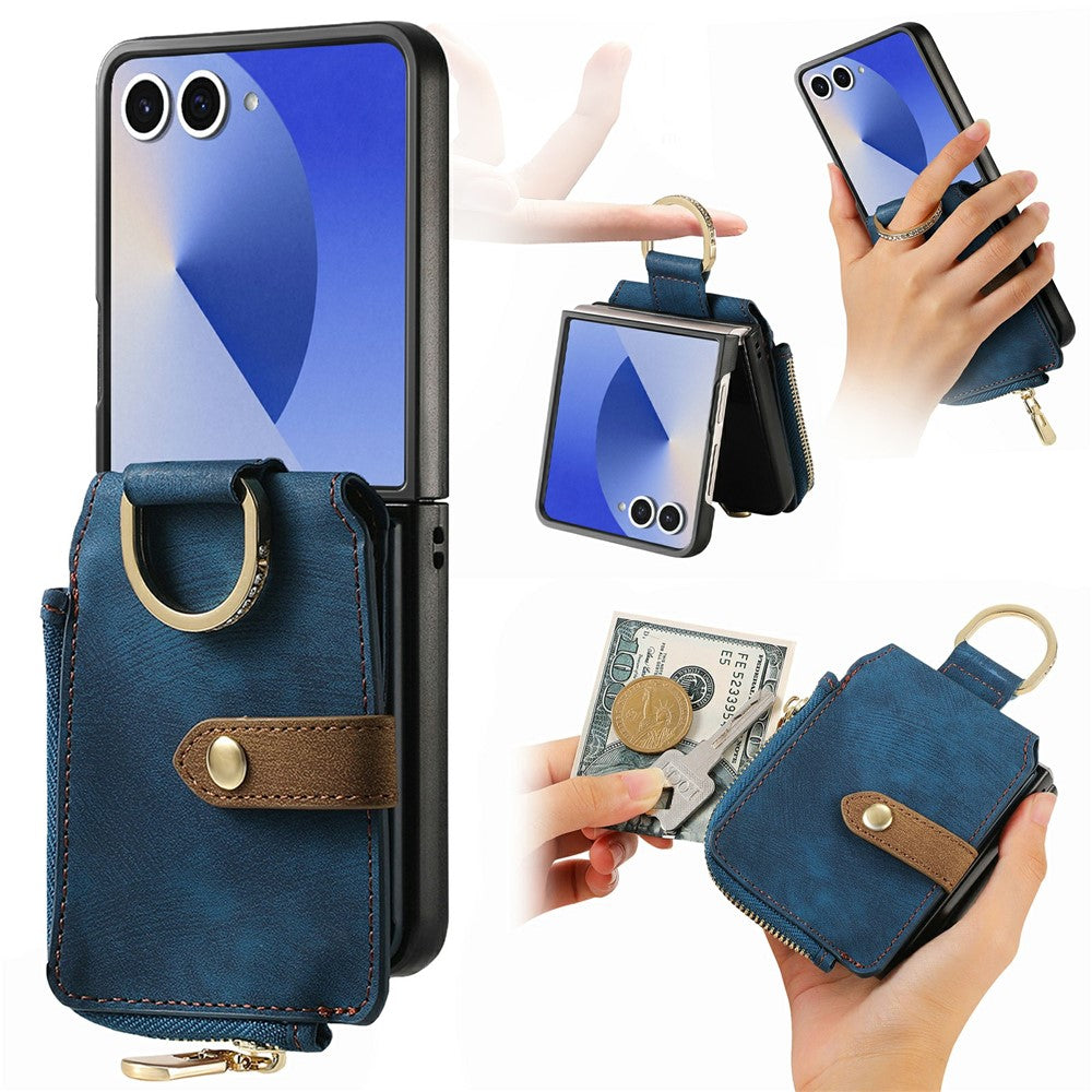 For Samsung Galaxy Z Flip8 Case Zipper Pocket Card Holder Retro Texture Leather Back Cover