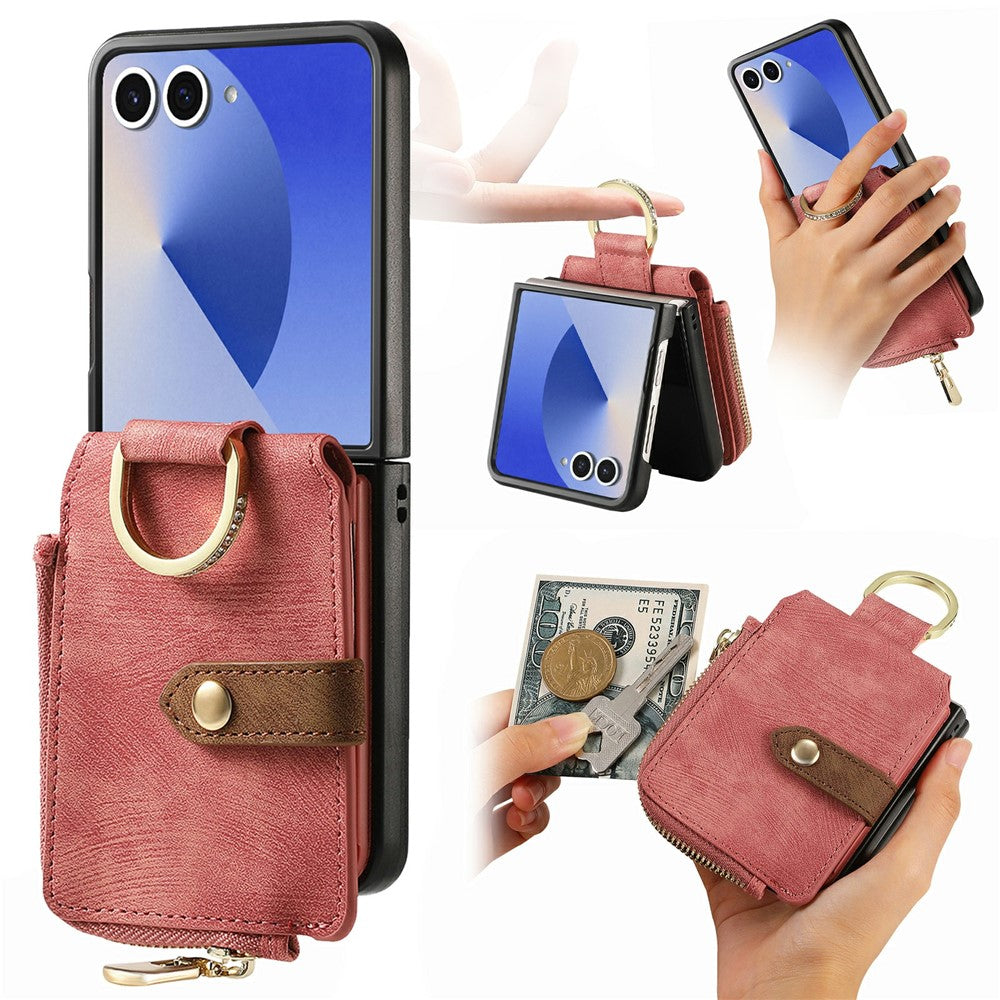 For Samsung Galaxy Z Flip8 Case Zipper Pocket Card Holder Retro Texture Leather Back Cover