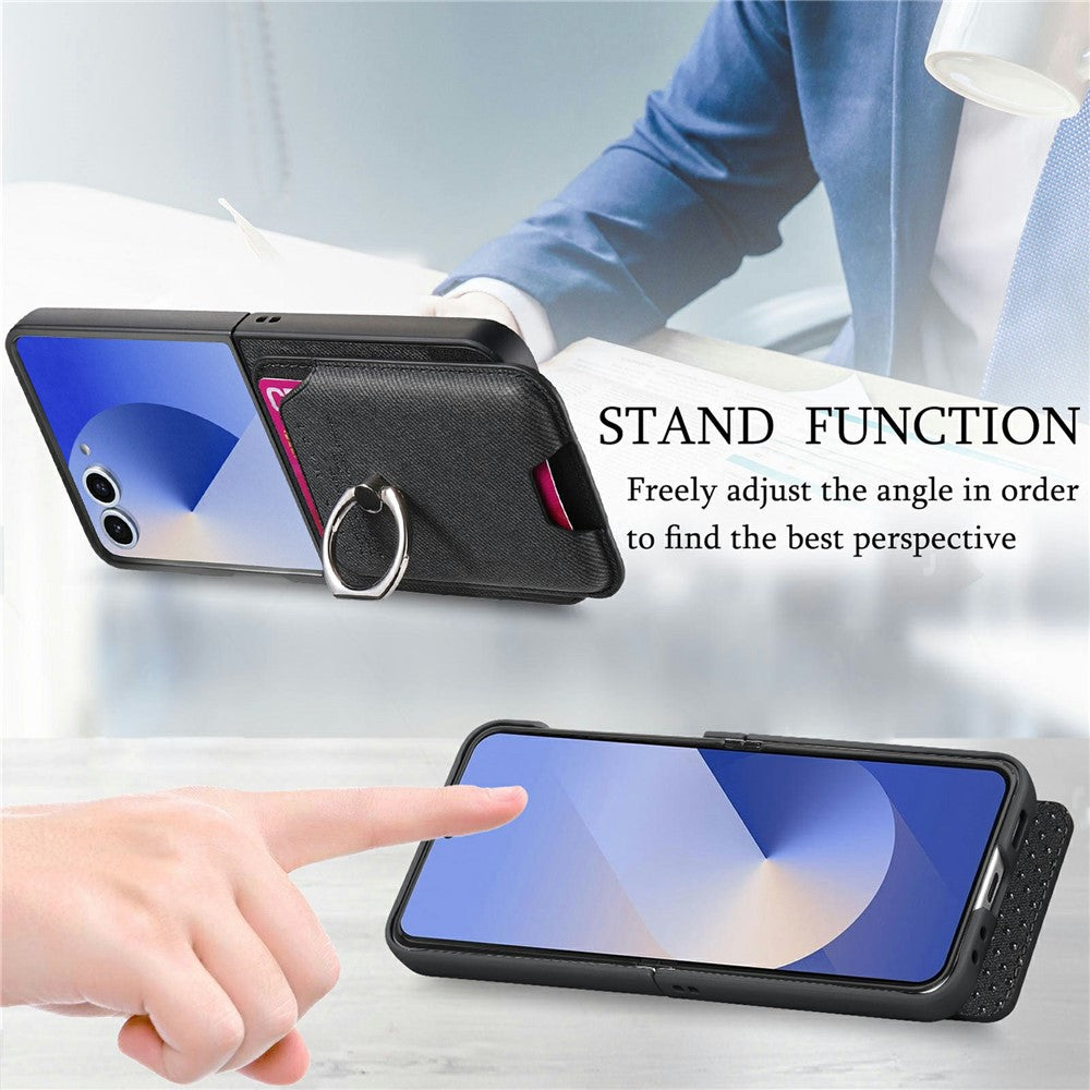 For Samsung Galaxy Z Flip8 Case Cloth Texture  Leather + PC + TPU Phone Cover with Detachable Magnetic Ring Kickstand Card Holder