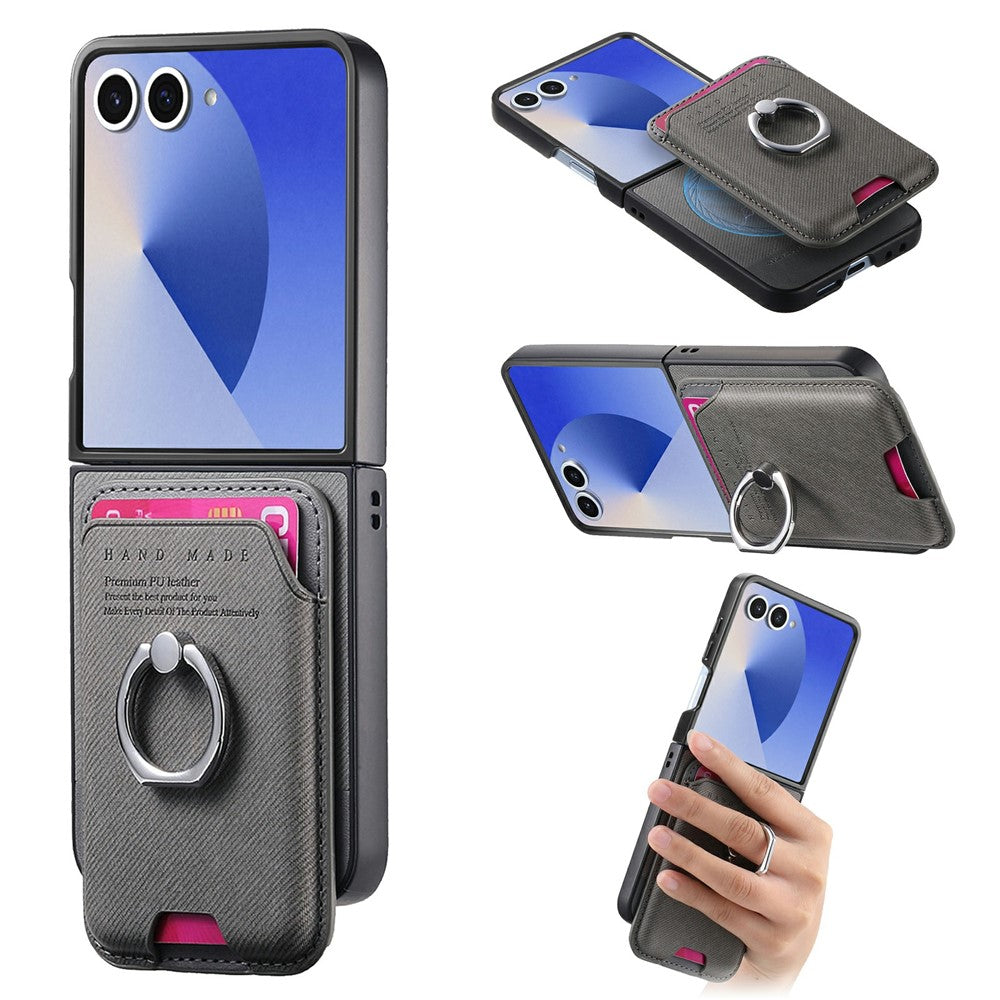 For Samsung Galaxy Z Flip8 Case Cloth Texture  Leather + PC + TPU Phone Cover with Detachable Magnetic Ring Kickstand Card Holder