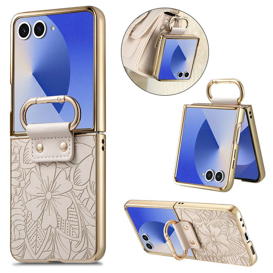 Galaxy Z Flip8 – Handyhülle aus PC und PU-Leder, mit Ständer, mit Blumenmotiv